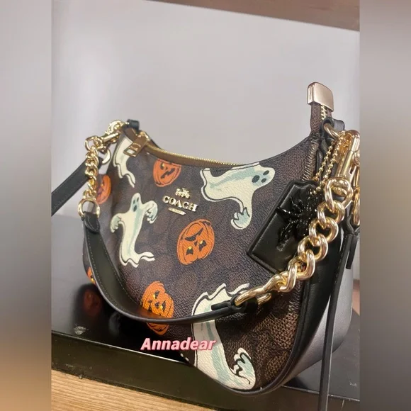 NWT Coach Teri Shoulder Bag In Signature Canvas Pumpkin Halloween Print CCE71 - Picture 8 of 15